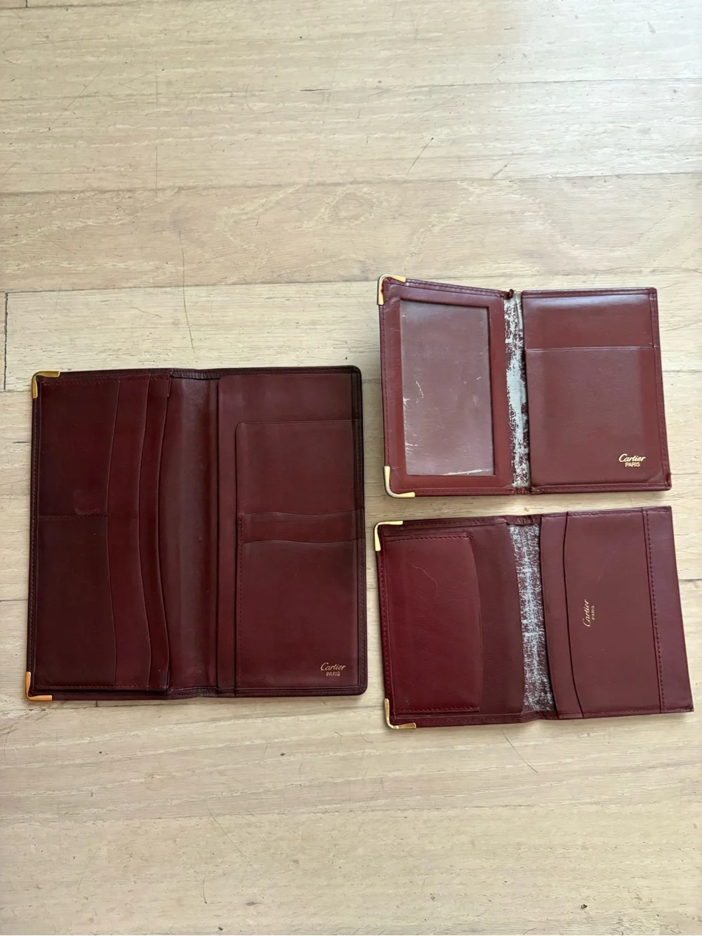 Cartier Burgundy Leather Travel Card Holder Wallet Set of 3